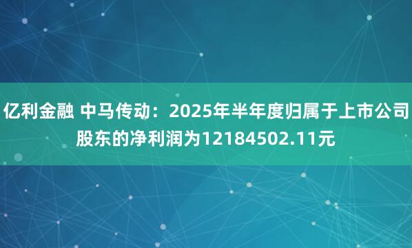 亿利金融 中马传动：2025年半年度归属于上市公司股东的净利润为12184502.11元