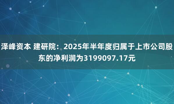 泽峰资本 建研院：2025年半年度归属于上市公司股东的净利润为3199097.17元
